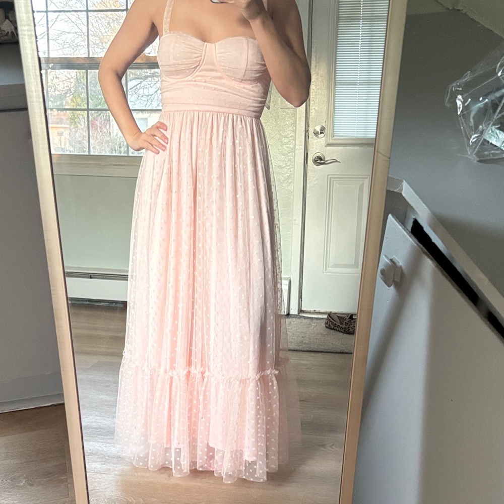 Elegant Light Pink Maxi Dress with Dotted Tulle